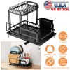 2-Tier Dish Drying Rack for Kitchen Counter Space Saving Rustproof Dish Rack with Drainboard Detachable Kitchen Drainer Organizer Set with Utensil Hol