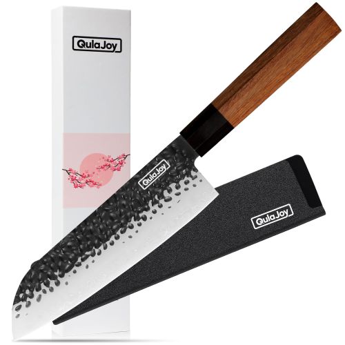 Qulajoy 7 Inch Santoku Knife - Professional Japanese Chef Knife - Razor Sharp 9cr18mov Blade - Hammered Kitchen Knife - Octagonal Rosewood Handle
