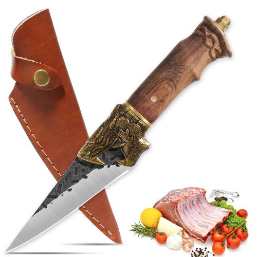 Qulajoy Boning Knife - Hand Forged Camping Knife 7Cr17MOV Blade - Dragon Head Handle And Leather Sheath - Unique Dragon Style - Viking Knife For